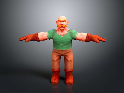 3D Character Man Blonde Hair Mustache Green Vest Brown Gloves Pants Red Boots Arms Outstretched 3d model