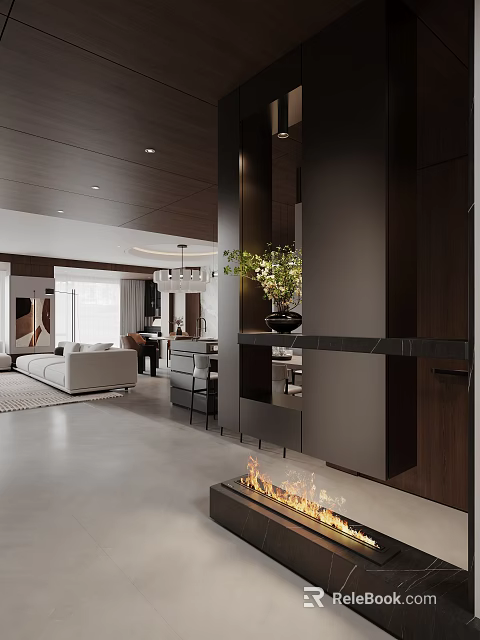 Modern Entryway Interior Design With Wooden Partition Green Plant Mirror And Ambient Lighting 3d model 