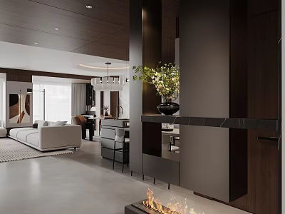 Modern Entryway Interior Design With Wooden Partition Green Plant Mirror And Ambient Lighting 3d model