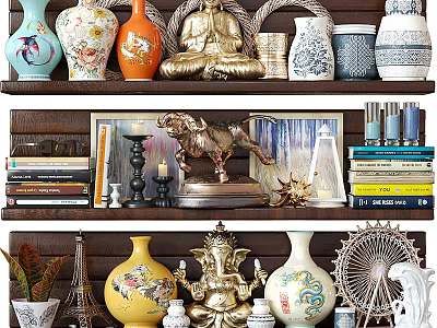 Elegant Decorative Ornament Set On Wooden Shelves With Vases Sculptures Books And Small Decor 3d model