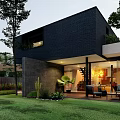 Modern Detached Villa Exterior With Black Sports Car Trees And Garage Lights