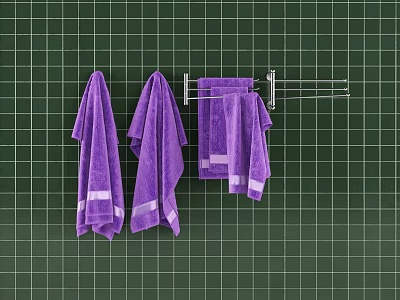 Set of Purple Bathroom Towels Hanging on Metal Rack Against Green Tile Wall 3d model