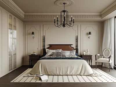 Elegant Bedroom Interior Design With Bed Nightstands Chandelier Wall Lamps And Patterned Rug 3d model