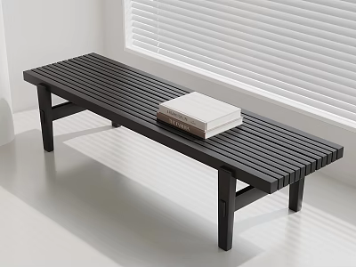 Modern Black Slatted Wooden Bench With Stacked Books By Window Blinds 3d model