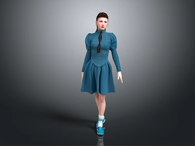 Woman Wearing Blue Dress with Braid and Blue Shoes Standing Against Gray Background 3d model