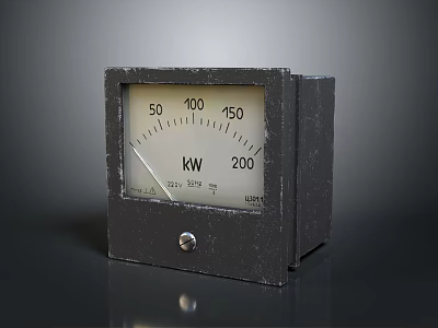 Vintage Black kW Power Meter With Clear Scales And Worn Surface Design 3d model