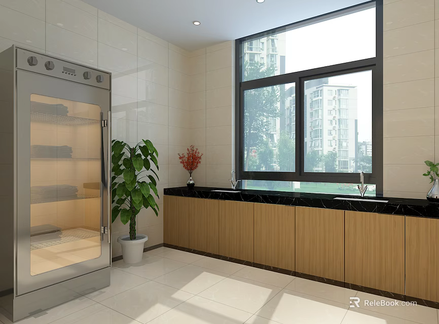 Modern Kitchen Interior With Wooden Cabinets Black Countertop Window And Stainless Steel Appliance 3d model 