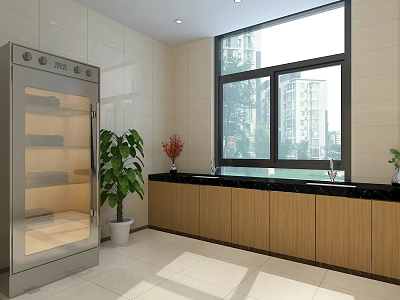 Modern Kitchen Interior With Wooden Cabinets Black Countertop Window And Stainless Steel Appliance 3d model
