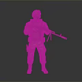 Military Soldier in Camouflage Uniform with Helmet Goggles and Rifle Standing on Gray Background