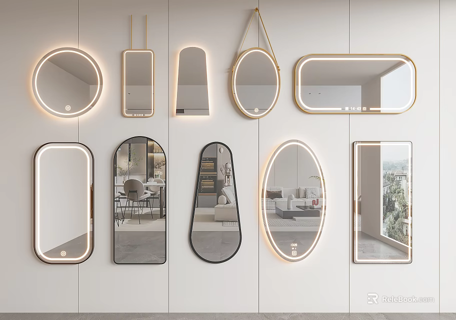 Decorative Wall Mirrors with Lights Reflecting Interior Scenes on White Wall 3d model 