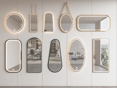 Decorative Wall Mirrors with Lights Reflecting Interior Scenes on White Wall 3d model