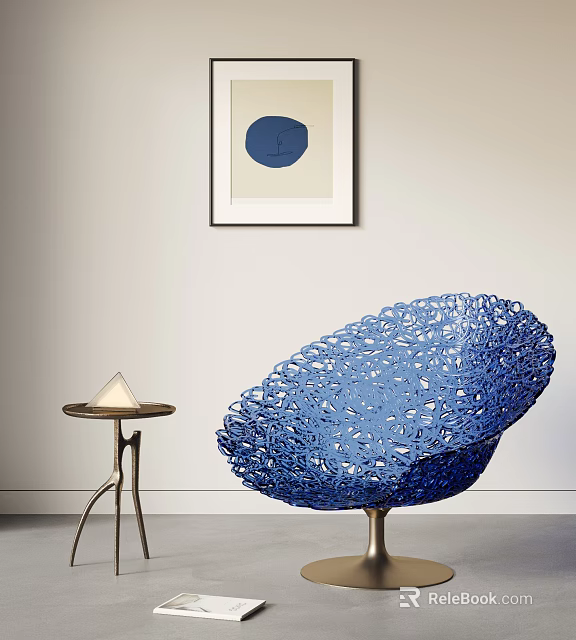 Sculptural Blue Leisure Chair With Intricate Hollowed Texture And Side Table In Modern Living Space 3d model 