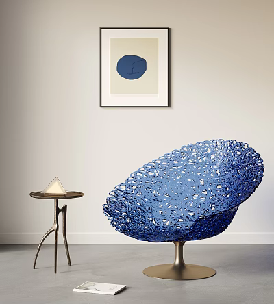 Sculptural Blue Leisure Chair With Intricate Hollowed Texture And Side Table In Modern Living Space 3d model