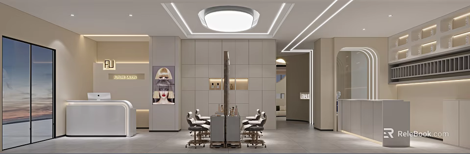 Modern Beauty Hair Salon Interior With Chairs Mirror Equipment Lighting And Decor 3d model 