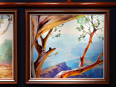 Natural Landscape Oil Painting With Tree Trunk Branches Green Leaves And Wooden Frame 3d model