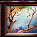 Natural Landscape Oil Painting With Tree Trunk Branches Green Leaves And Wooden Frame