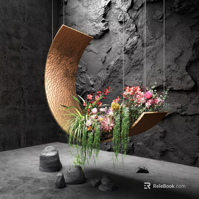 Hanging Crescent Structure With Flowers And Plants 3d model 