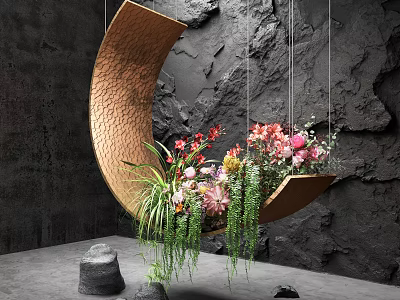 Hanging Crescent Structure With Flowers And Plants 3d model