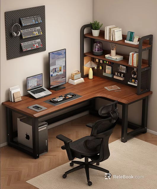 L Shaped Wooden Desk With Black Office Chair And Bookshelf For Modern Home Office 3d model 