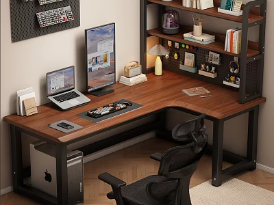 L Shaped Wooden Desk With Black Office Chair And Bookshelf For Modern Home Office 3d model