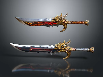 Ornate Decorative Swords Featuring Golden Dragon Handles Flame Patterns Red Black Accents Shiny Blades 3d model