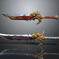 Ornate Decorative Swords Featuring Golden Dragon Handles Flame Patterns Red Black Accents Shiny Blades