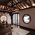 Traditional Chinese Religious Worship Space With Wooden Roof Lantern Chandeliers And Altar Decorations
