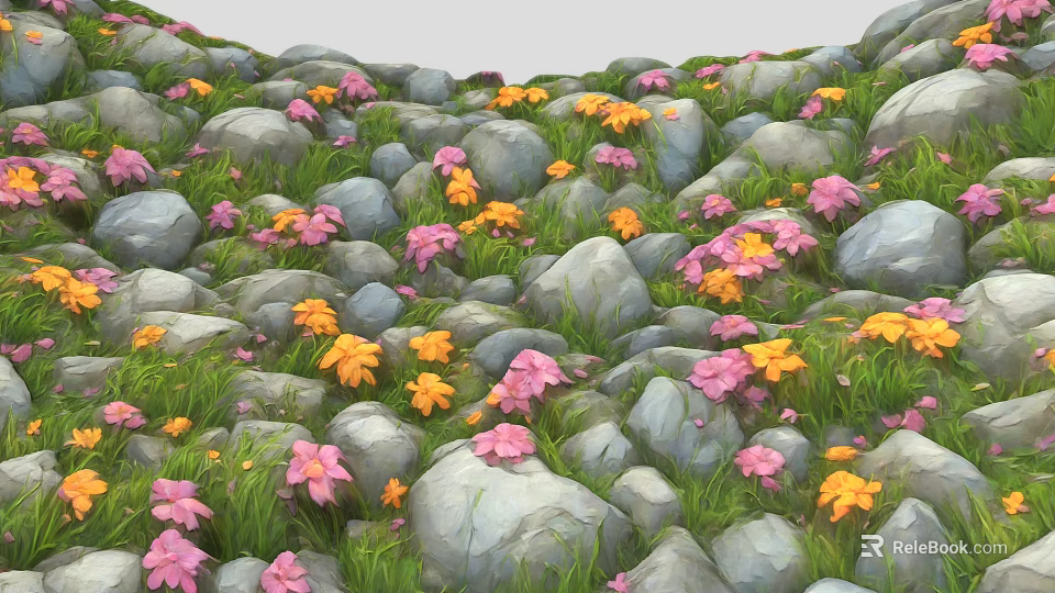 Natural Rock Pile Landscape With Colorful Pink Yellow Flowers And Green Grass 3d model 