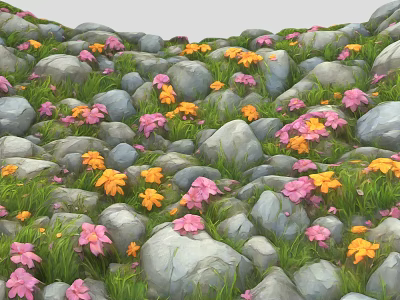 Natural Rock Pile Landscape With Colorful Pink Yellow Flowers And Green Grass 3d model