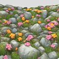 Natural Rock Pile Landscape With Colorful Pink Yellow Flowers And Green Grass