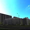 Modern High Rise Residential Buildings Featuring Glass Curtain Walls Greenery and Road