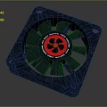 Square Shaped Blue Air Conditioner Fan Featuring Red Center Logo And Blades