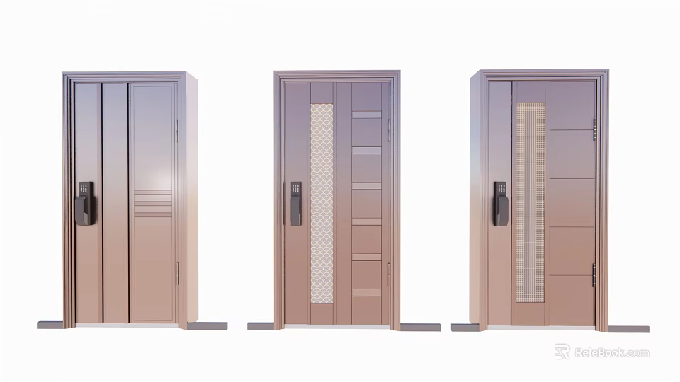 Modern Security Doors With Three Design Styles Textured Panels Beige Finish Handles 3d model 