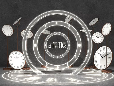 Photo Spot With Illuminated Circular Ring Multiple Vintage Clocks And Time Theme 3d model