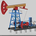 Industrial Oil Pump Jack Equipment With Blue Metal Structure Red Wheel Platform And Ladder