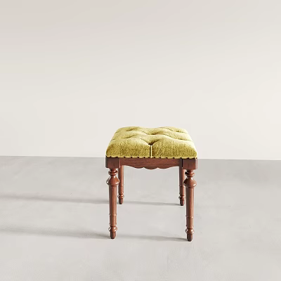 Classic Yellow Tufted Upholstered Stool With Wooden Legs And Timeless Design 3d model