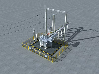 Industrial Electrical Transformer With Metal Frame Yellow Safety Fence Cables On Gray Floor 3d model