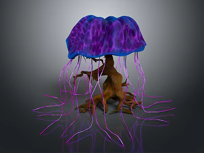 Unique Decorative Plant With Purple Blue Umbrella Shaped Top Root Like Base And Purple Tendrils 3d model