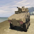 Tan Colored Armored Tank Parked On Beach With Urban Landscape And Palm Trees