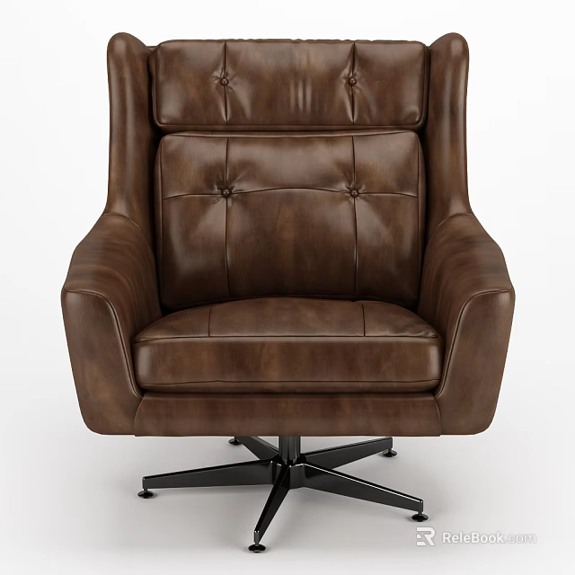 Brown Leather Single Sofa With High Back Button Tufted Design And Swivel Metal Base 3d model