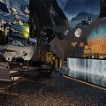 Scenic Mountain Backdrop Bar With Outdoor Seating Night View And Ambient Lighting Decor