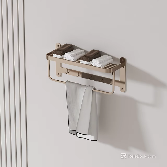 Modern Towel Rack In Bathroom With Folded And Hanging Towels 3d model 