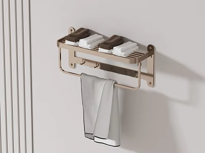Modern Towel Rack In Bathroom With Folded And Hanging Towels 3d model