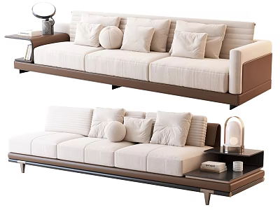 Modern Three Seater Sofa With Beige Fabric Brown Frame Plush Cushions And Side Table 3d model