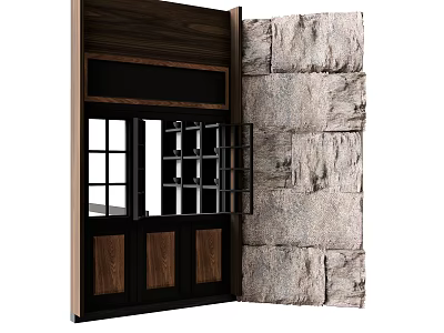 Rustic Stone Wall Design With Wooden Door Frame And Open Window Grille 3d model