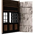 Rustic Stone Wall Design With Wooden Door Frame And Open Window Grille