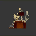 Vintage Retro Assembled Device With Red Wooden Case Golden Decorations Gramophone Horn And Typewriter