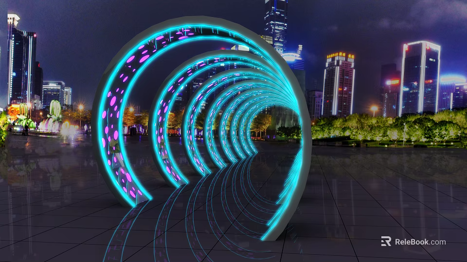 Glowing Arched Activity Passage With LED Lights And Urban Night City Skyline View 3d model 