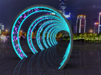 Glowing Arched Activity Passage With LED Lights And Urban Night City Skyline View 3d model
