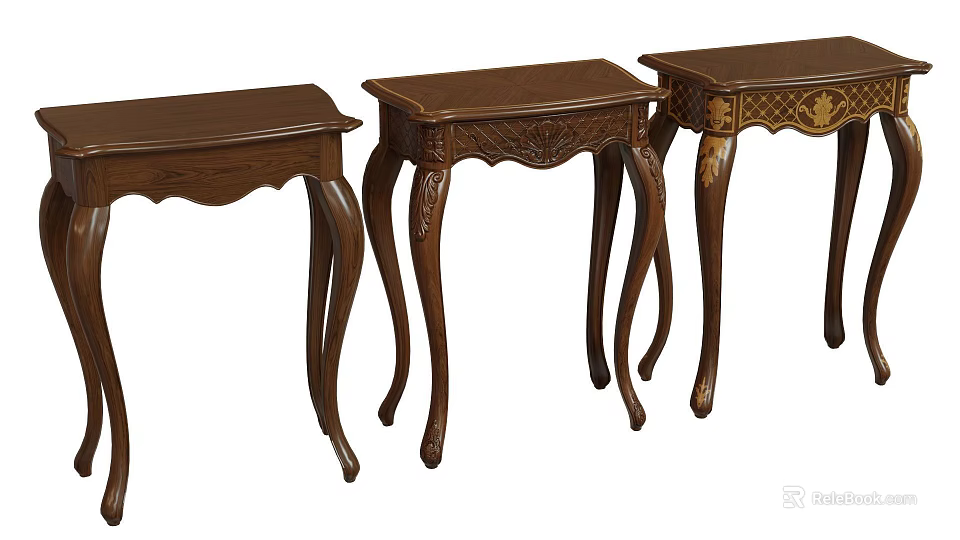 Classic Carved Dark Brown Solid Wood Nesting Side Tables Set For Traditional Home Interior Decor 3d model 